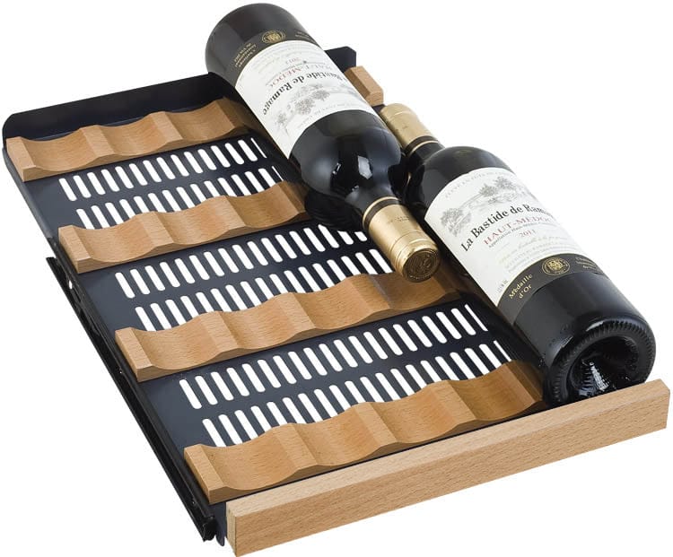 Allavino 30 Bottle Dual Zone 15 Inch Wide Wine Cooler roller-glide shelf with 2 wine bottles.