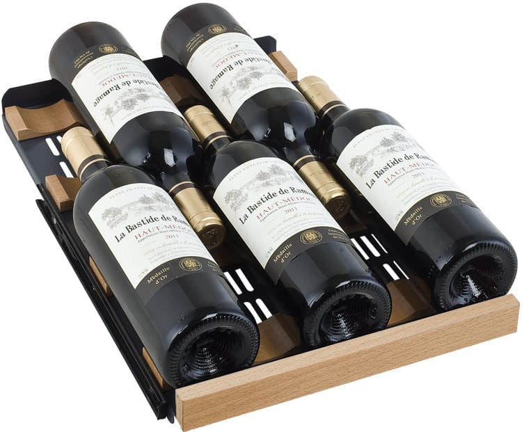 Allavino 30 Bottle Dual Zone 15 Inch Wide Wine Cooler roller-glide shelf with full wine bottles.
