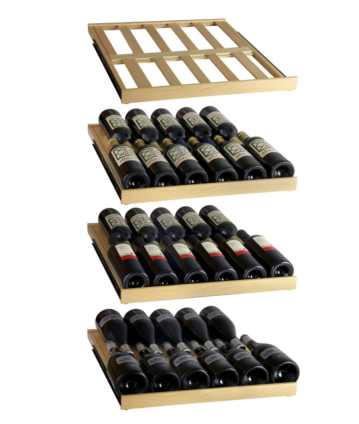 Allavino 346 Bottle Triple Zone 48 Inch Wide Wine Cooler Wooden Shelves with Bottles of Wine