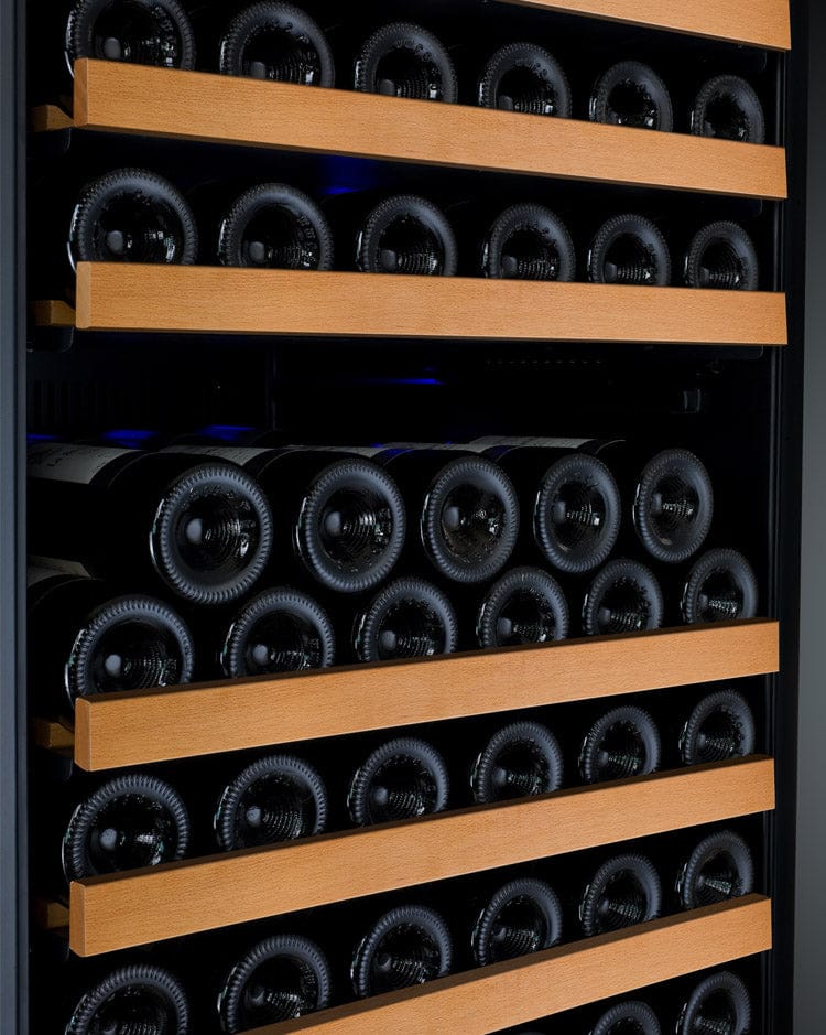 Allavino 354 Bottle Dual Zone 47 Inch Wide Wine Cooler Shelves Full of Wine Bottles Closeup