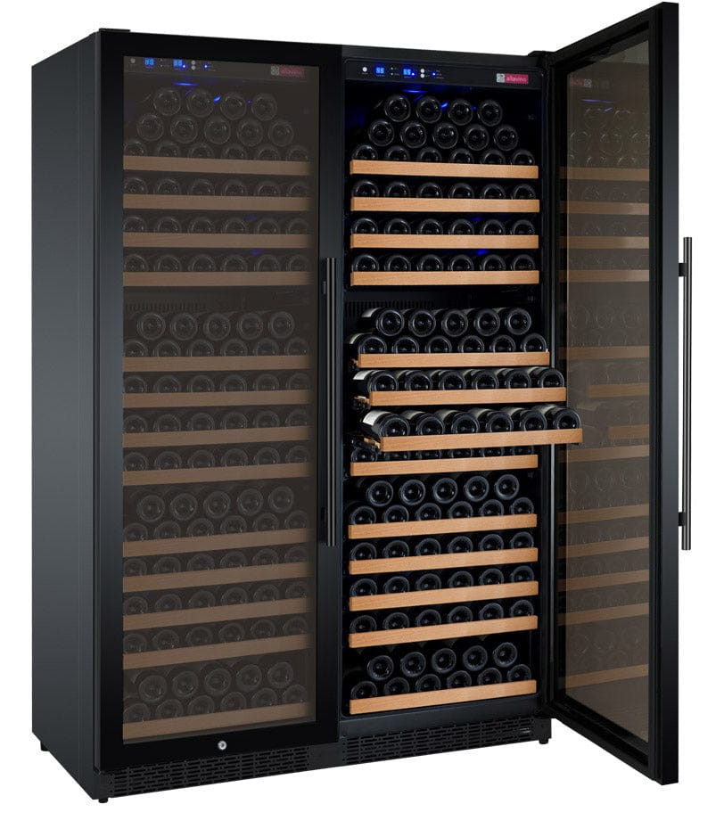 Allavino 354 Bottle Dual Zone 47 Inch Wide Wine Cooler Black Full of Wine Bottles Rack Out Right Door Wide Open