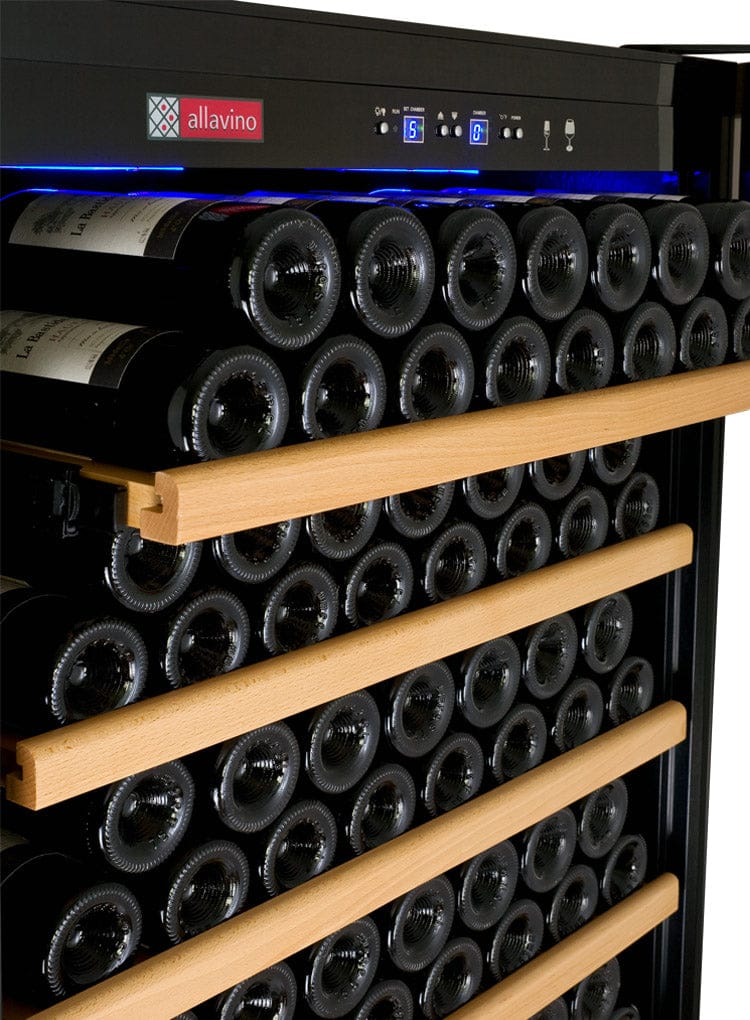 Allavino 554 Bottle Dual Zone 63 Inch Wide Wine Cooler Rack Out Bottles of Wine