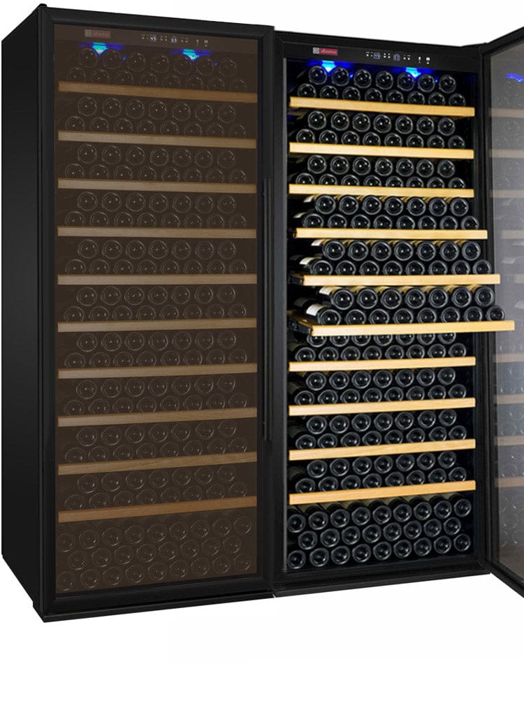 Allavino 554 Bottle Dual Zone 63 Inch Wide Wine Cooler Black Full of Wine Bottles Rack Out Right Door Wide Open