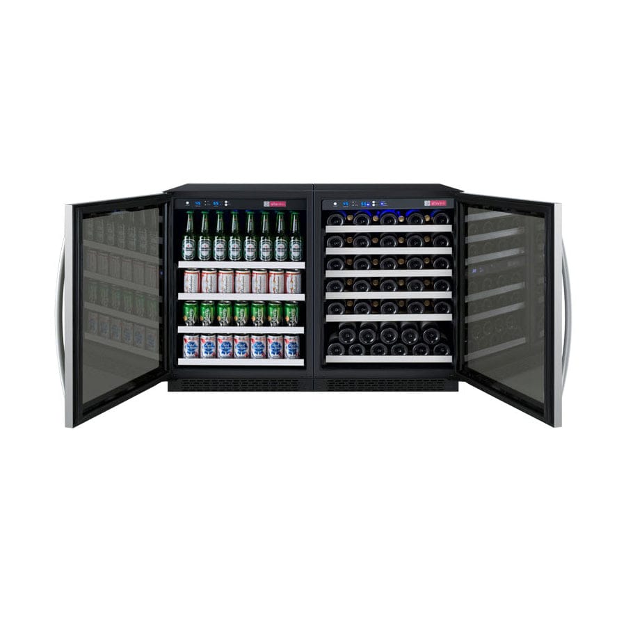 Allavino 56 Bottle/154 Can Dual Zone 47 Inch Wide Wine Cooler and Beverage Cooler Black Left and Right Door Wide Open