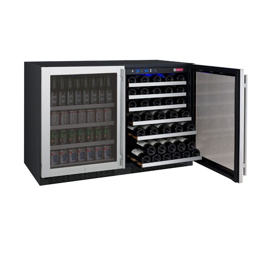 Allavino 56 Bottle/154 Can Dual Zone 47 Inch Wide Wine Cooler and Beverage Cooler Full of Bottles Rack Out Right Side Door Open