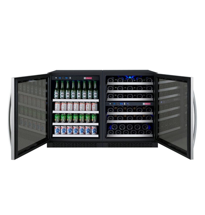 Allavino 56 Bottle/124 Can 47 Inch Wide Wine Cooler and Beverage Cooler Full of Wine and Beverages Left and Right Door Wide Open