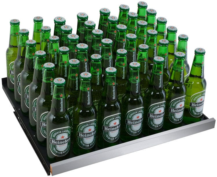 Allavino 56 Bottle/124 Can 47 Inch Wide Wine Cooler and Beverage Cooler Shelf Full of Bottles of Beer 
