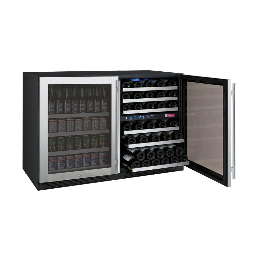 Allavino 56 Bottle/124 Can 47 Inch Wide Wine Cooler and Beverage Cooler Full of Wine and Beverages Rack Out Right Door Open Wide