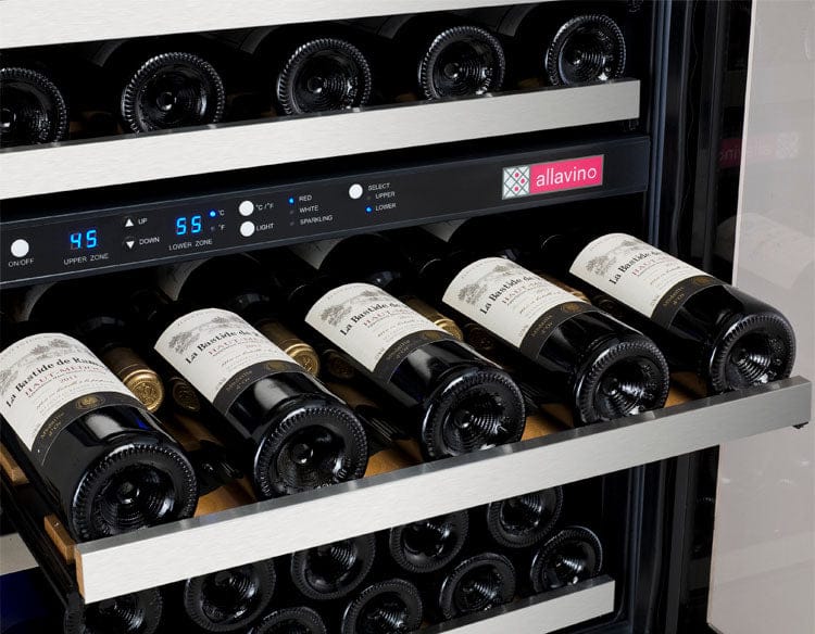 Allavino 56 Bottle/124 Can 47 Inch Wide Wine Cooler and Beverage Cooler Rack Out Bottles of Wine