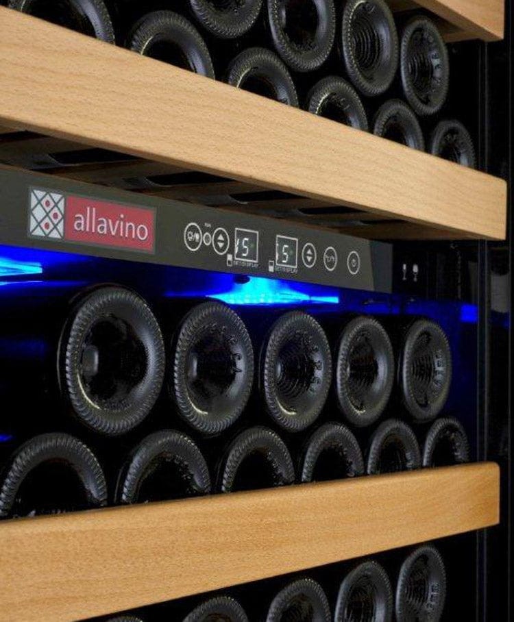 Allavino 99 Bottle Dual Zone 24 Inch Wide Wine Cooler Shelves Angle Close Up