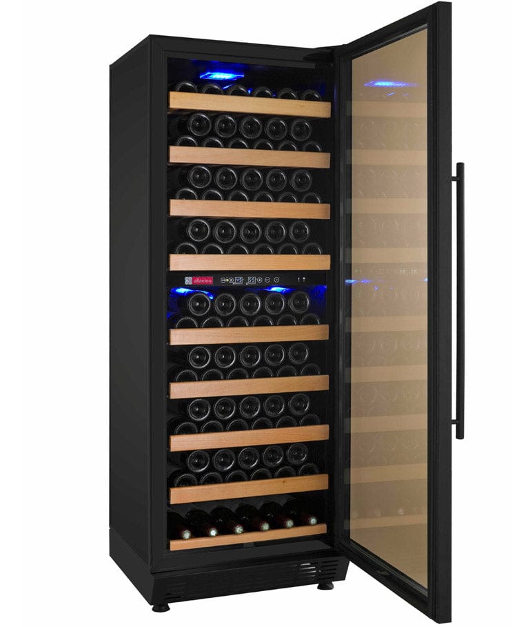 Allavino 99 Bottle Dual Zone 24 Inch Wide Wine Cooler Full of Wine Shelves Door Open