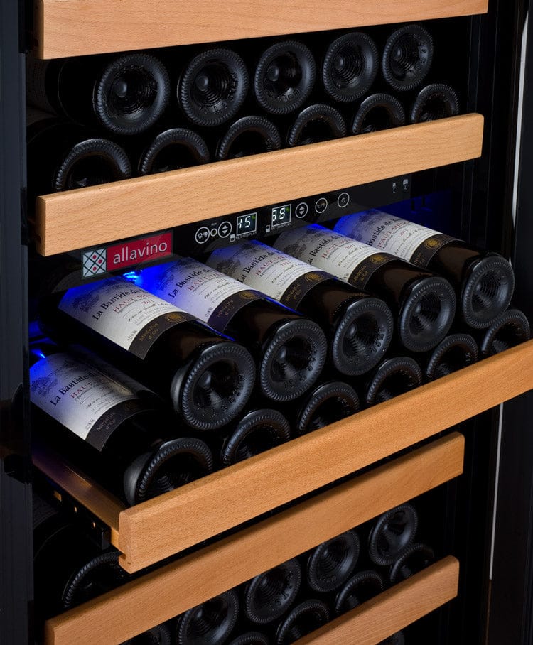 Allavino 99 Bottle Dual Zone 24 Inch Wide Wine Cooler Wine Bottle on the Shelves Out Close Up