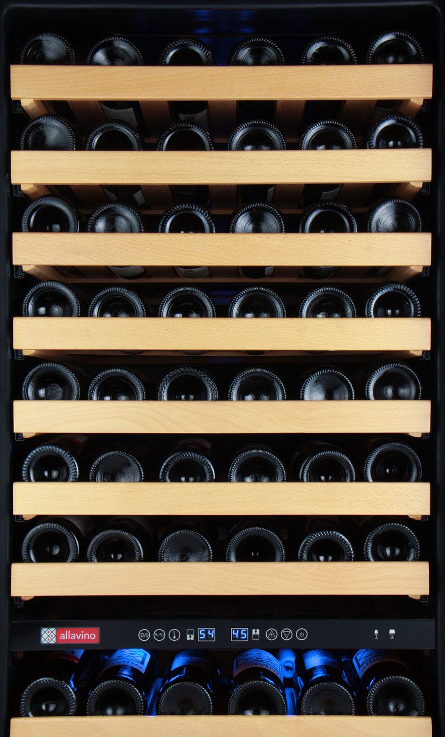 Allavino Flexcount Classic II 172 Bottle Dual Zone 24 Inch Wide Wine Cooler closeup front view of full cooler.