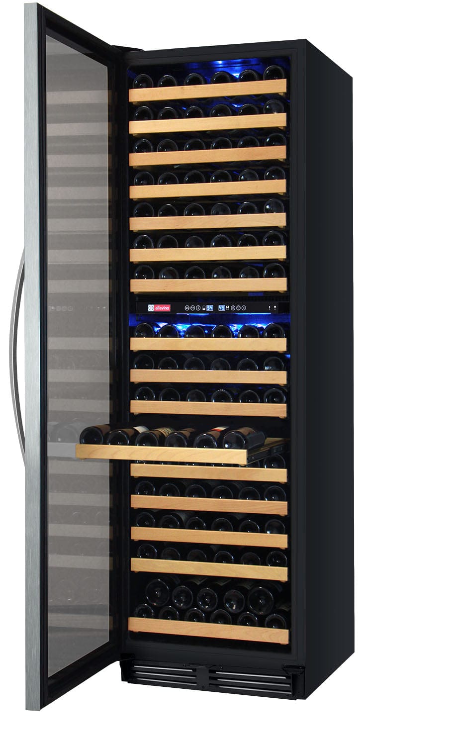 Allavino Flexcount Classic II 172 Bottle Dual Zone 24 Inch Wide Wine Cooler facing left with door half opened and a shelf out full of wine bottles.