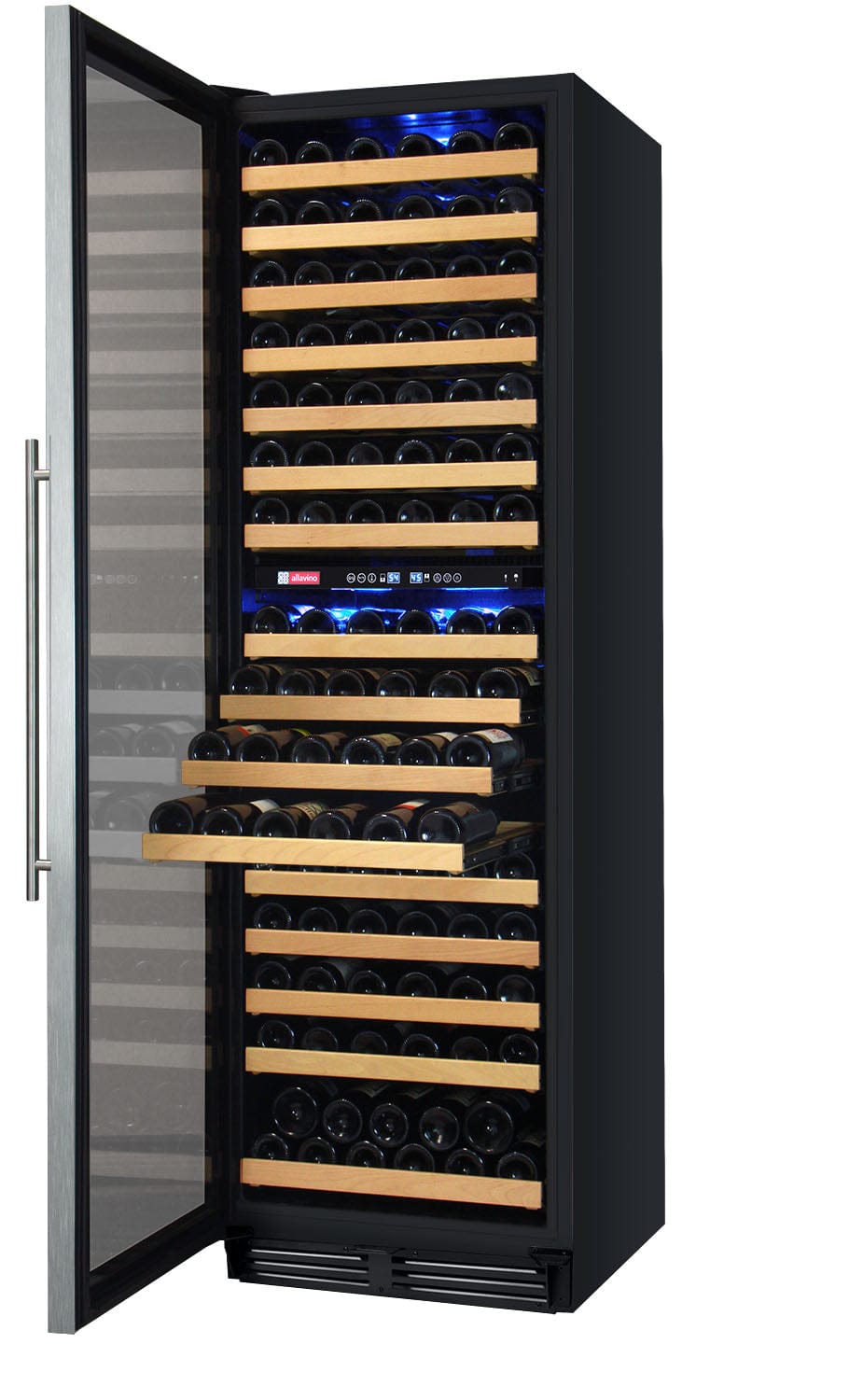 Allavino Flexcount Classic II 172 Bottle Dual Zone 24 Inch Wide Wine Cooler facing left with door half opened and two shelves out full of wine bottles.