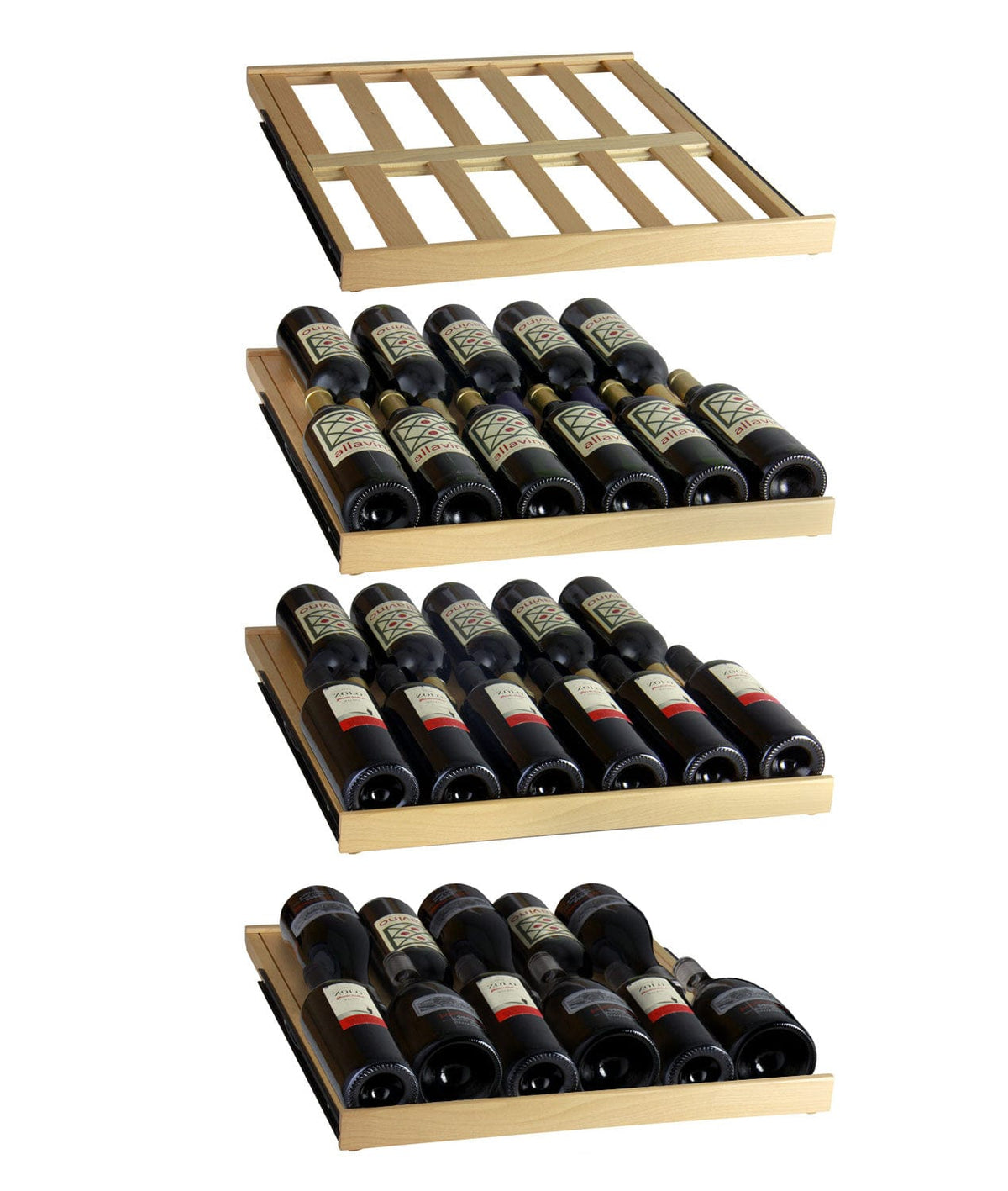 Allavino Flexcount Classic II 172 Bottle Dual Zone 24 Inch Wide Wine Cooler shelves with bottles of wine.