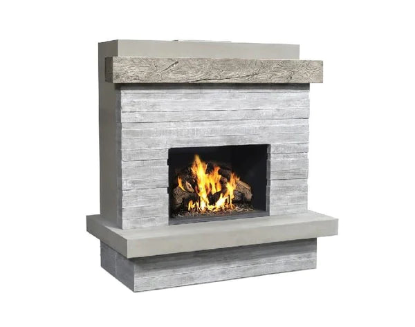 American Fyre Designs Brooklyn 68 Inch Vented Silver Pine Gas Fireplace with Board Formed Texture Angled View