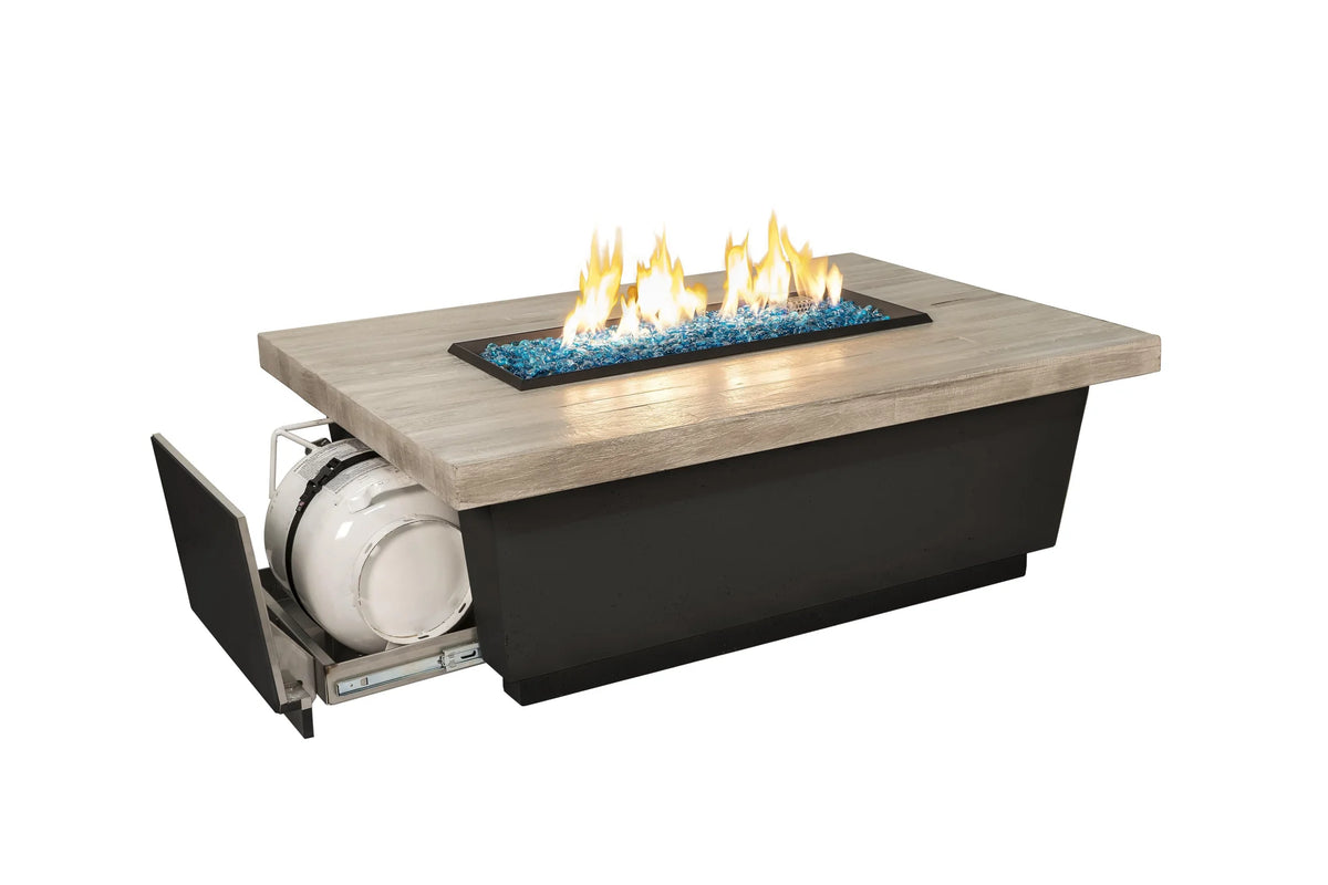 American Fyre Designs Contempo 52 Inch Reclaimed Wood Rectangle Fire Table with Propane Gas Tank Drawer
