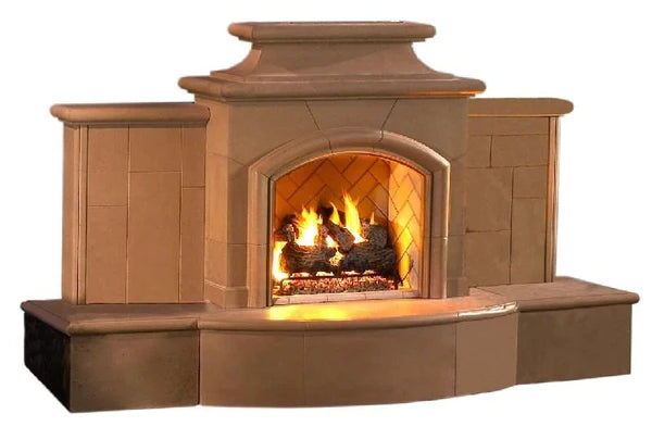 American Fyre Designs Grand Mariposa 113 Inch Vent-Free Freestanding Outdoor Fireplace with Extended Bullnose Hearth, No Recess, Cafe Blanco Angled View