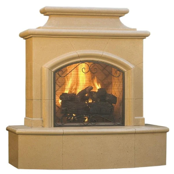 American Fyre Designs Mariposa 65 Inch Vent-Free Freestanding Outdoor Fireplace, 16 Inch Roundover Bullnose, No Recess, Cafe Blanco, Key Value on the RIGHT/Gas Angled View