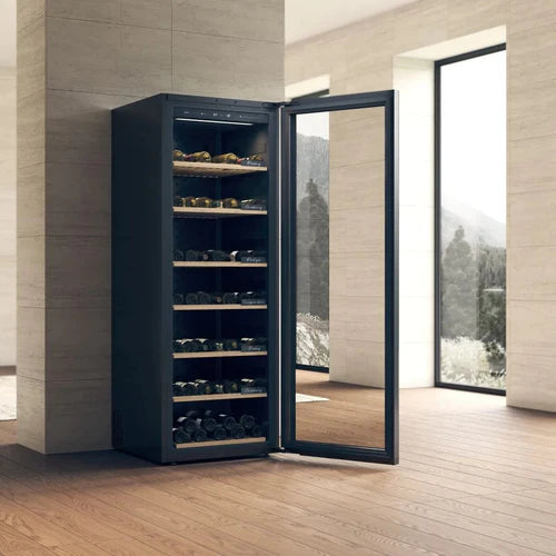 Asko 261 Bottle Single Zone Wine Aging Cabinet In Lifestyle View with Door Open