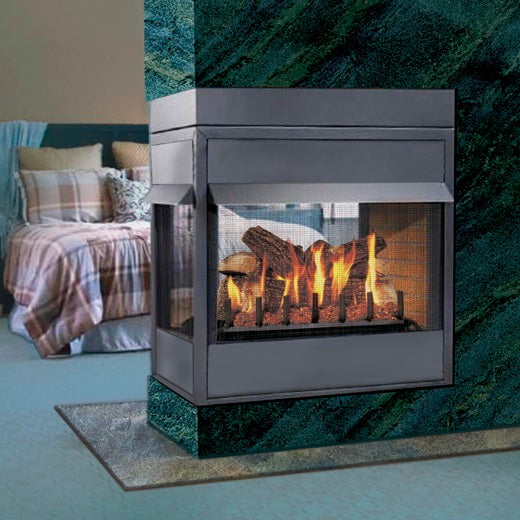 Aspen Industries Elite Gemini See-Thru Gas Burner with Valve and Red Oak Log Set In Bedroom Setup