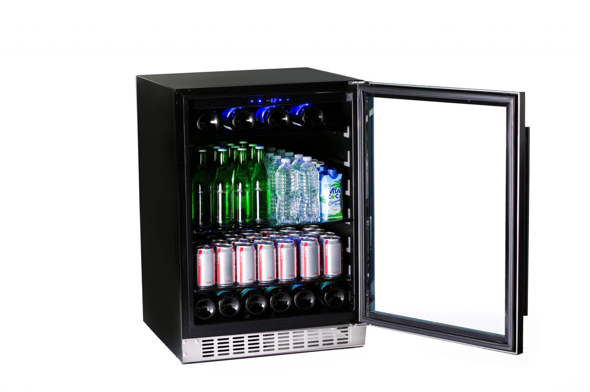 Azure 24-inch Beverage Center with Stainless Trim Glass Door Angled View with Open Door