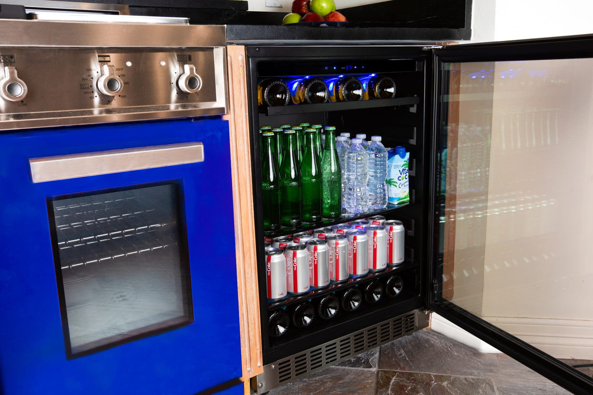 Azure 24-inch Beverage Center with Stainless Trim Glass Door in Kitchen with Open Door