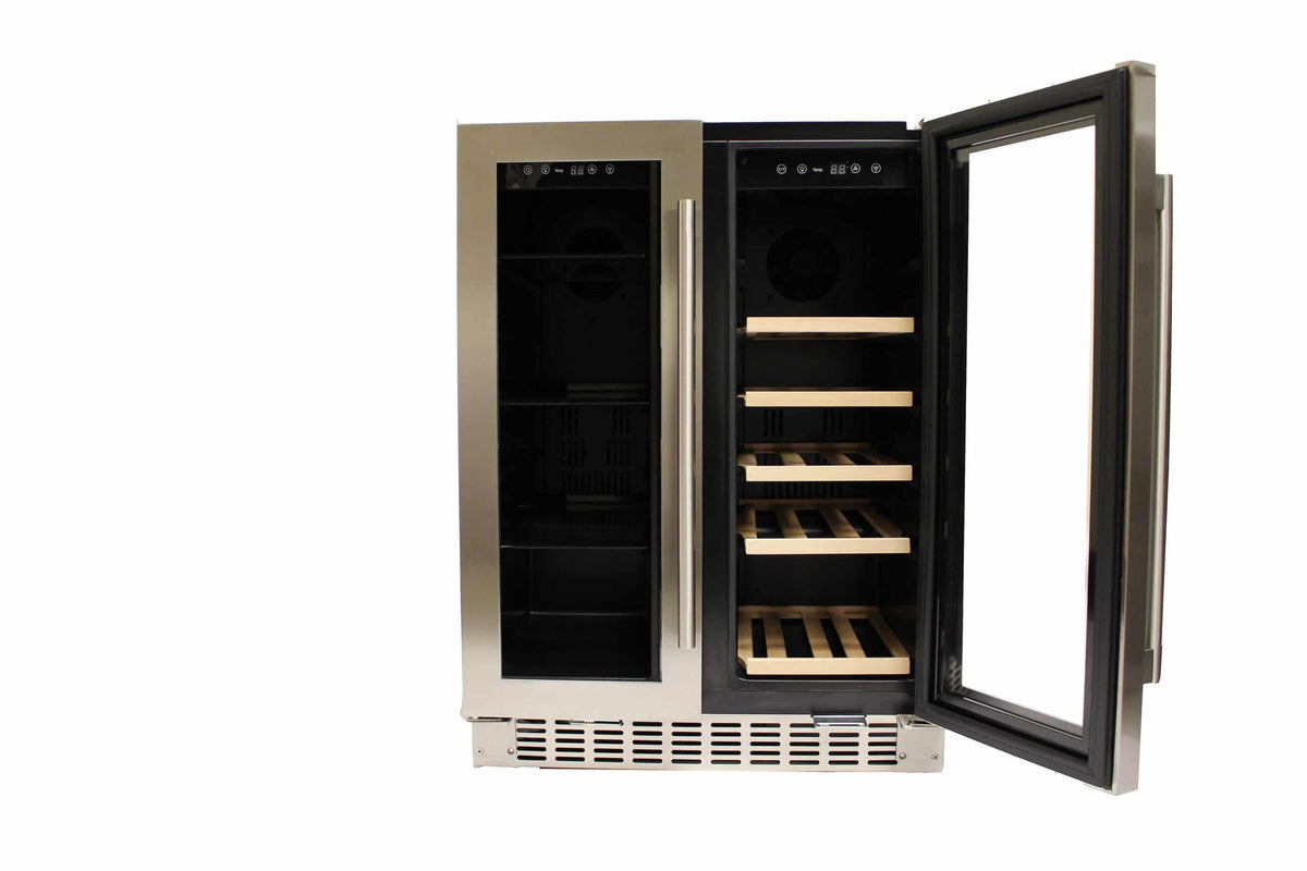 Azure 24-inch Dual Zone Beverage and Wine Center with Stainless Trim Glass Door Right Door Open
