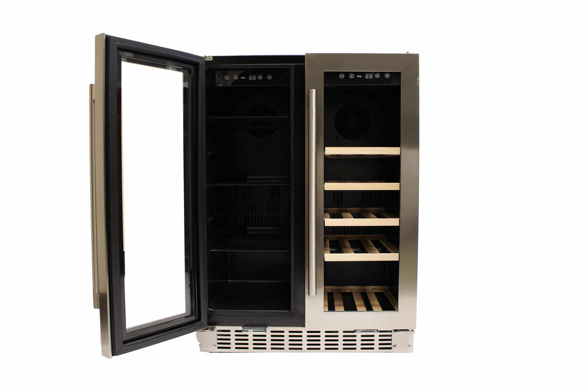 Azure 24-inch Dual Zone Beverage and Wine Center with Stainless Trim Glass Door Left Door Open