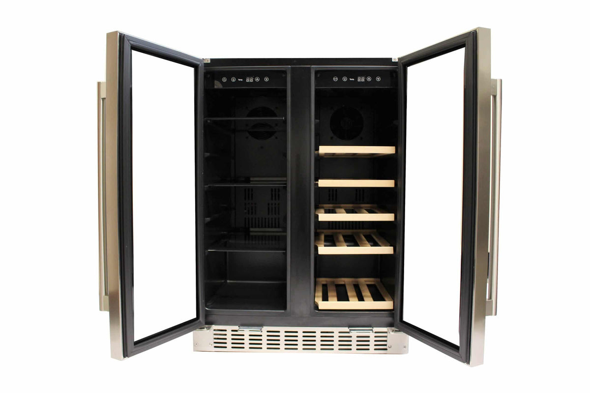 Azure 24-inch Dual Zone Beverage and Wine Center with Stainless Trim Glass Door Both Door Open