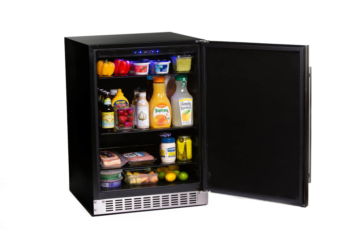 Azure 24-inch Outdoor Refrigerator with Solid Stainless Door Angled View Open Door