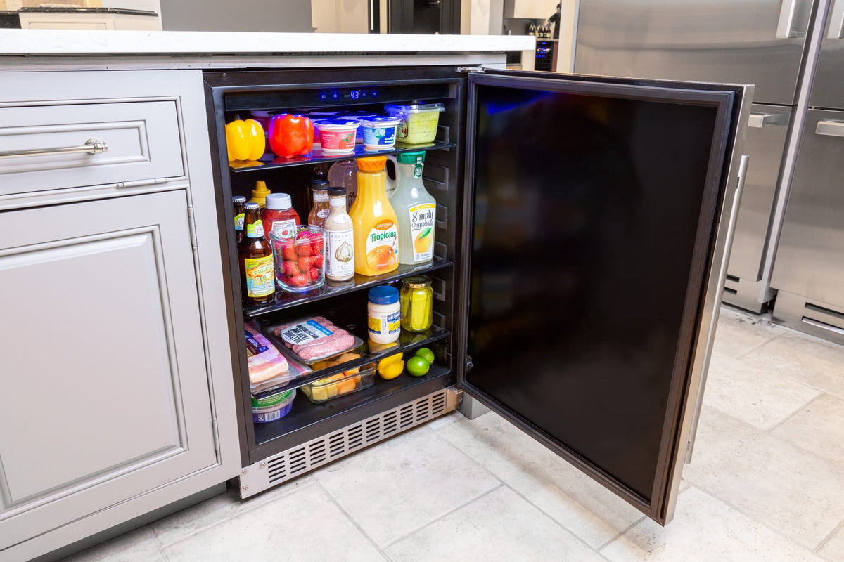 Azure 24-inch Outdoor Refrigerator with Solid Stainless Door In Kitchen with Open Door