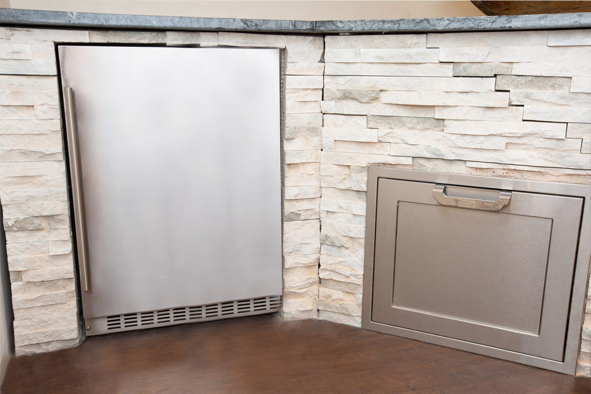 Azure 24-inch Outdoor Refrigerator with Solid Stainless Door Installed in Kitchen