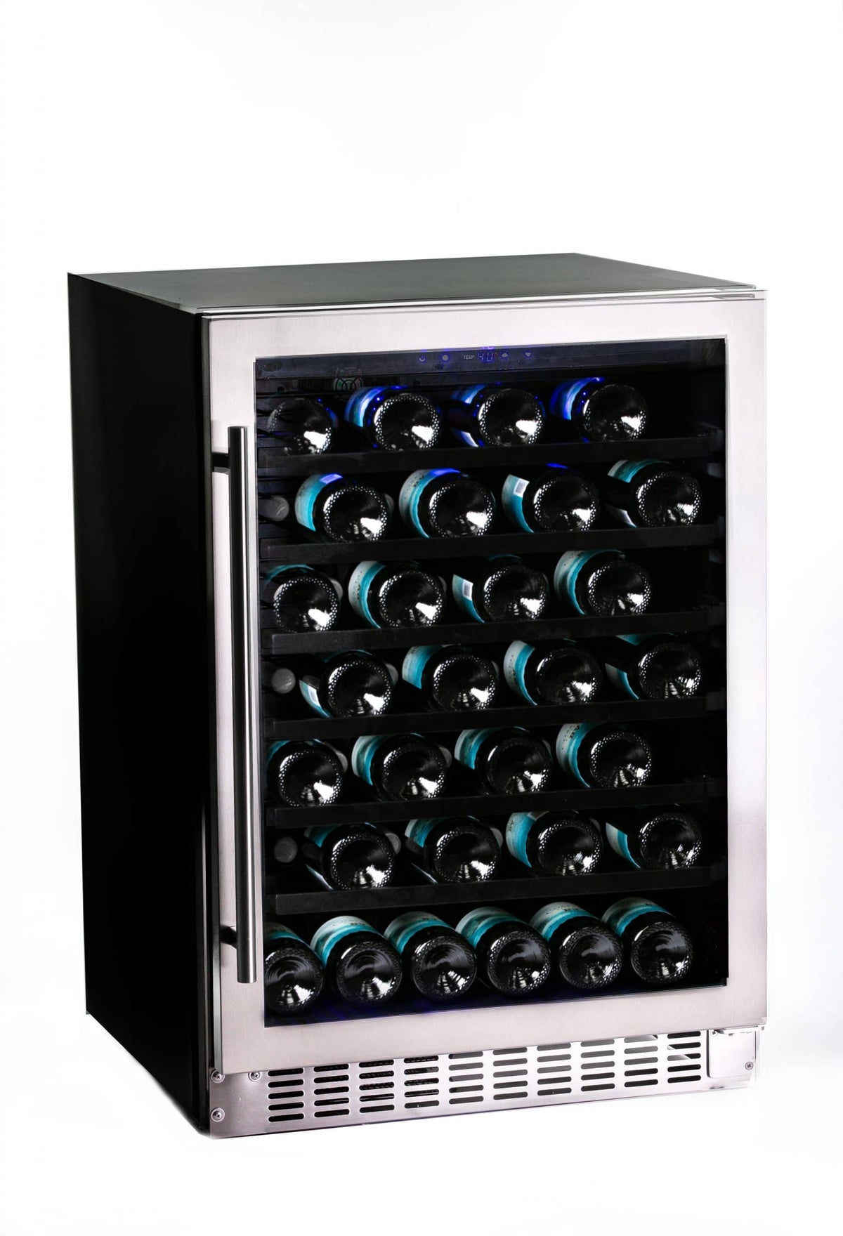 Azure 24&quot; Wine Center with Stainless Trim Glass Door Angled View Full of Wine Bottles