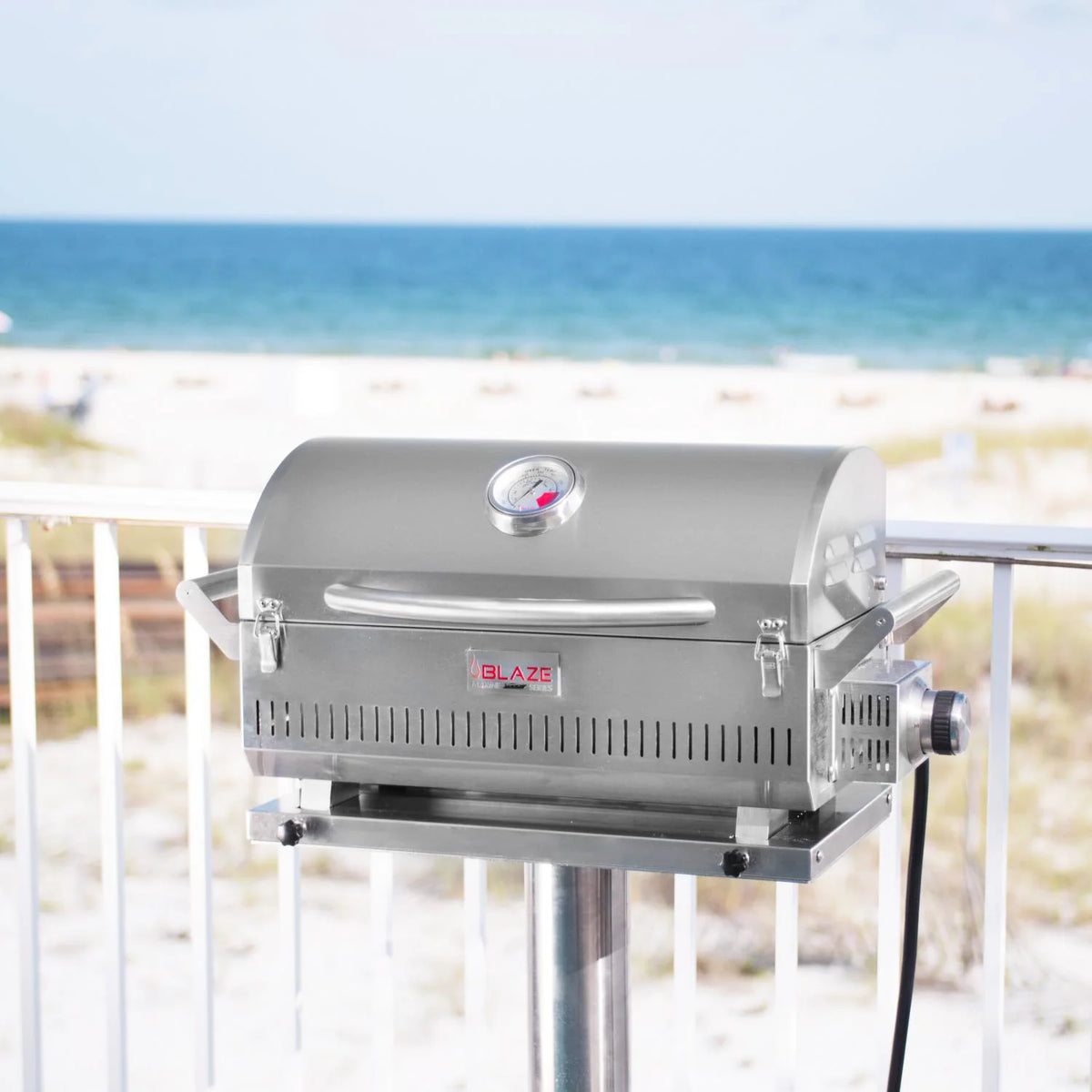 Blaze 10 Inch Marine Grade Portable Grill Pedestal Shown With Grill in Beach Side 