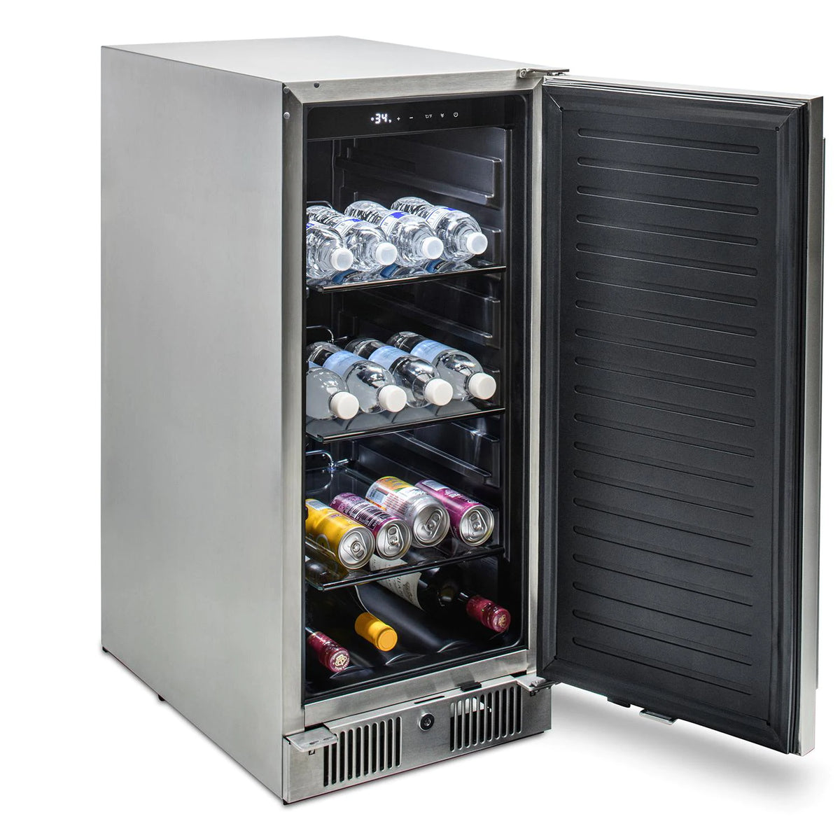 Blaze 15 Inch Outdoor Refrigerator Left Angle View with Drinks