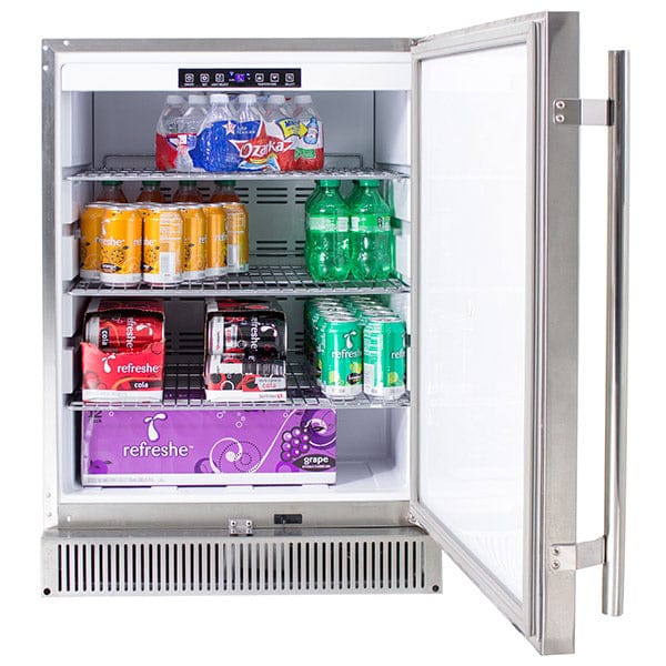 Blaze 24 Inch Outdoor Rated Stainless Refrigerator Front View With Door Open And Fully Loaded