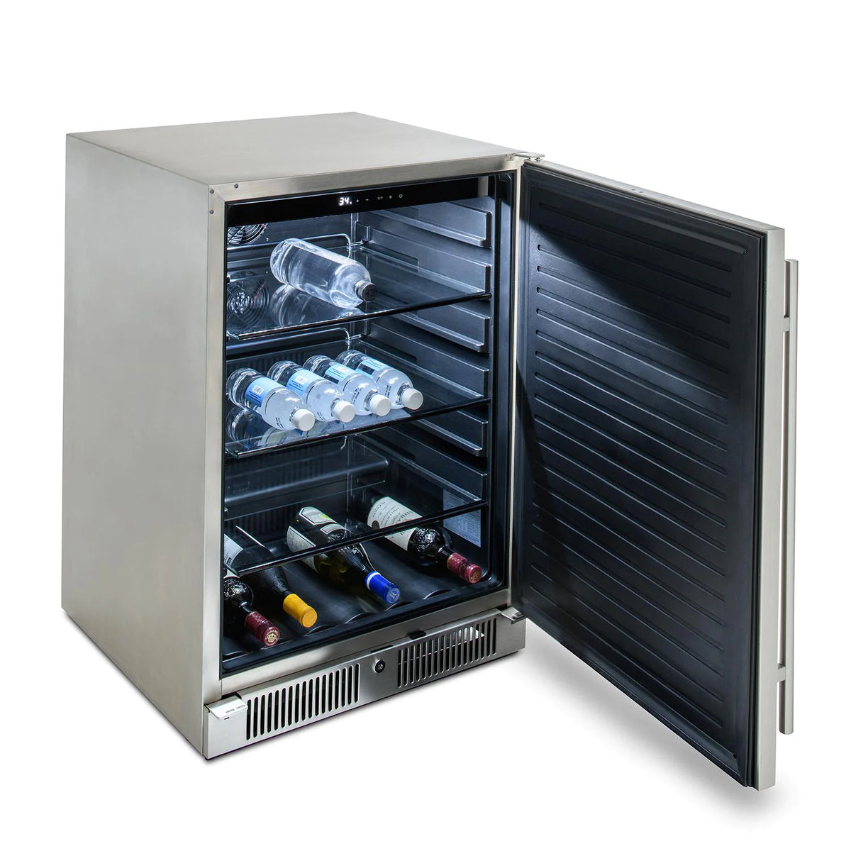 Blaze 24 Inch Outdoor Refrigerator Left Angle View With Door Open and Drinks Inside