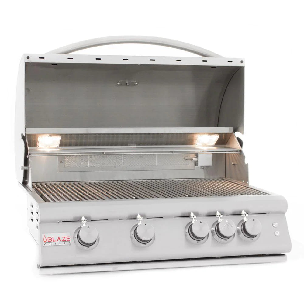 Blaze Professional and LTE 4 Burner LED 7 Piece Kit White  LEDs shown on open grill