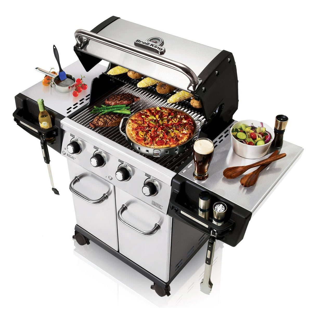 Broil King Regal S420 Pro 4-Burner Freestanding Gas Grill - Angled View With Food