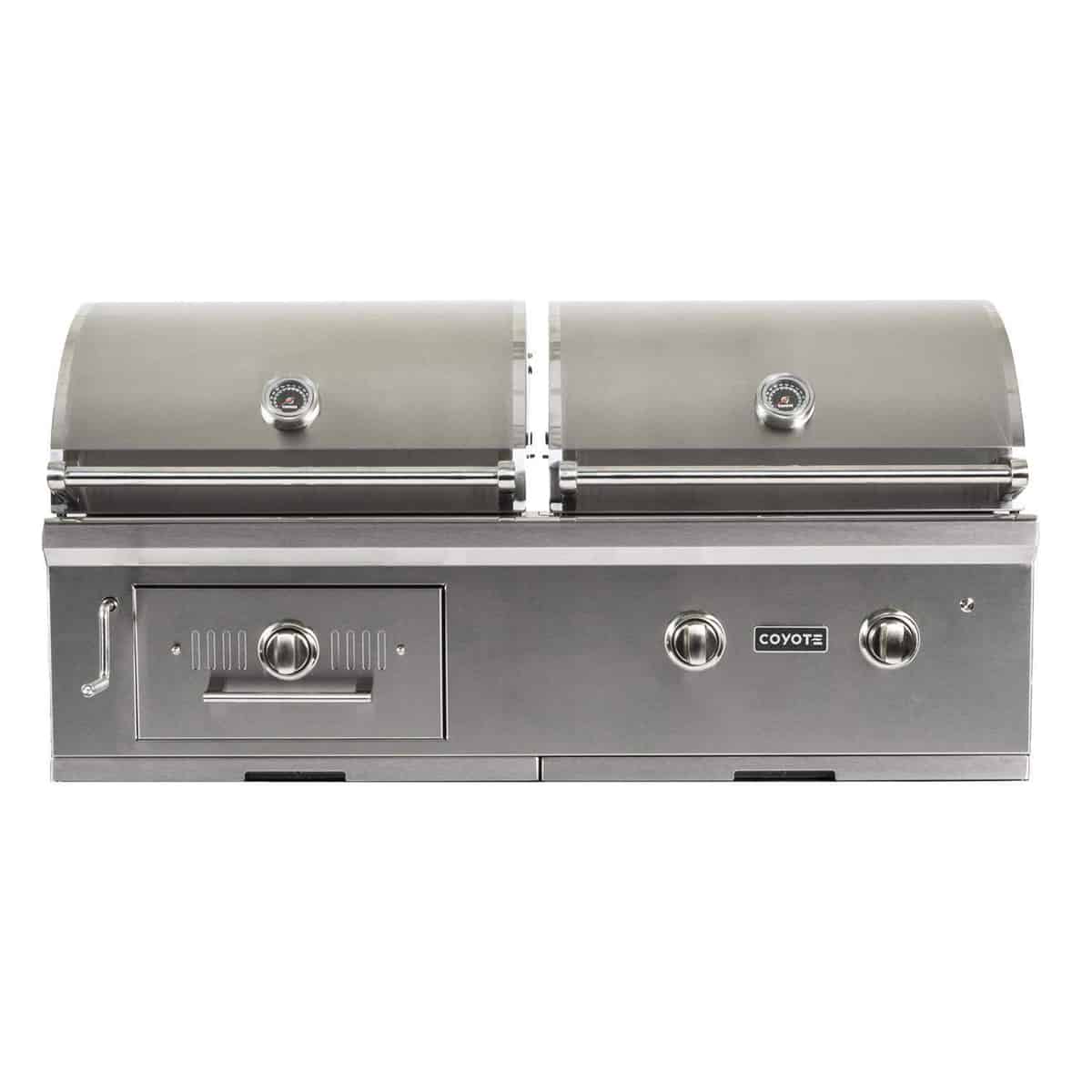 Coyote 50 Inch Built-In Stainless Steel Gas &amp; Charcoal Hybrid Grill Front Hood Cover Closed