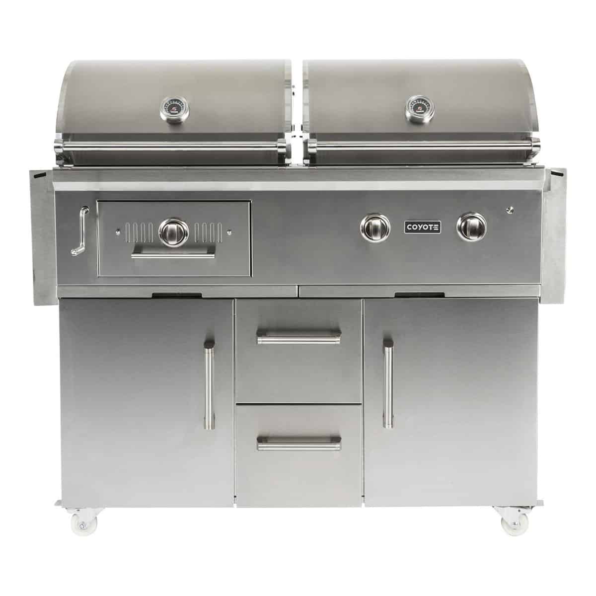 Coyote 50 Inch Built-In Stainless Steel Gas &amp; Charcoal Hybrid Grill with Grill Cart for Freestanding Use
