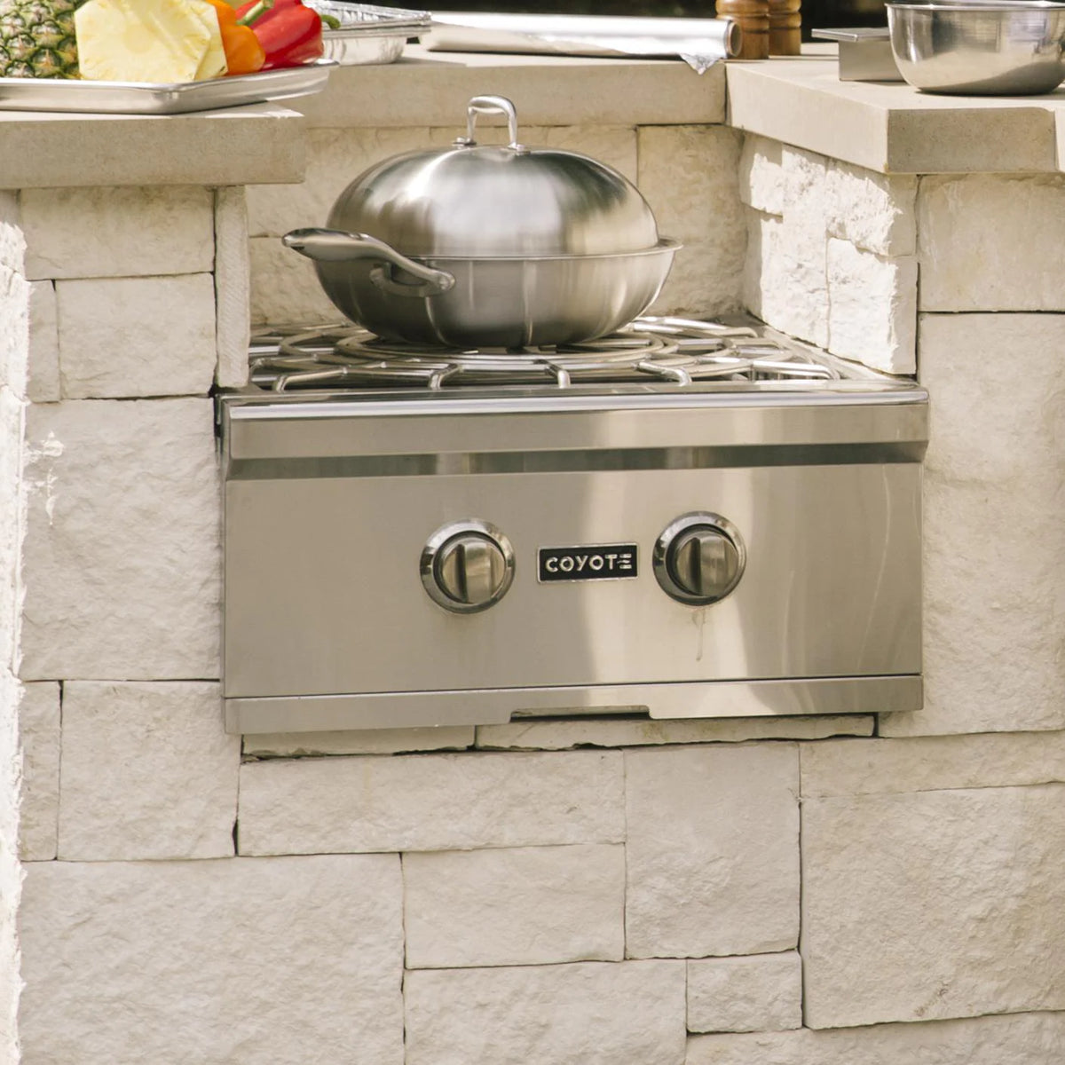 Coyote Built-In Propane Gas Power Burner Installed in Outdoor Kitchen (Shown with Wok - Not Included)