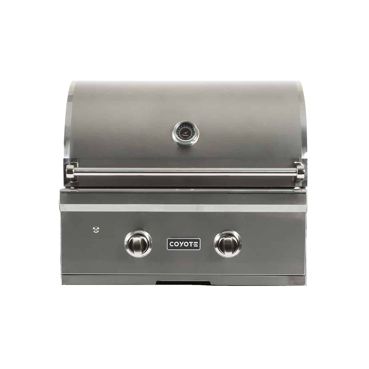 Coyote C-Series 28 Inch Built-In 2-Burner Grill Stainless Two knob and Hood Thermometer Closed Hood Cover Front