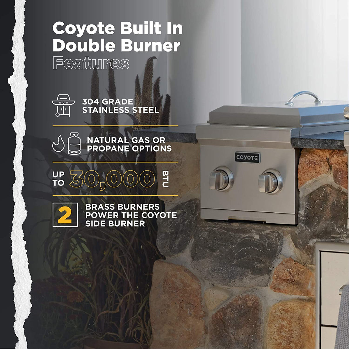 Coyote Propane Double Side Burner Built into Concrete Bricks