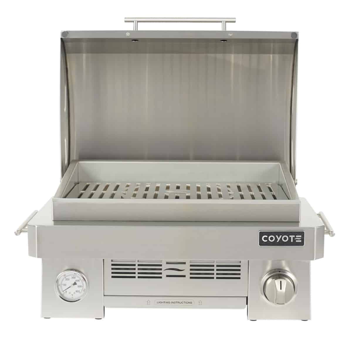 Coyote Propane Portable Grill With Infinity burner up to 20,000 btu Top Hood Cover OPen