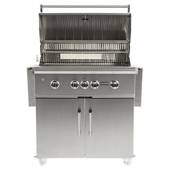 Coyote S-Series 36 Inch Built-In 4-Burner Grill with LED Lights and Rapidsear Infrared Burner  with grill cart for freestanding use