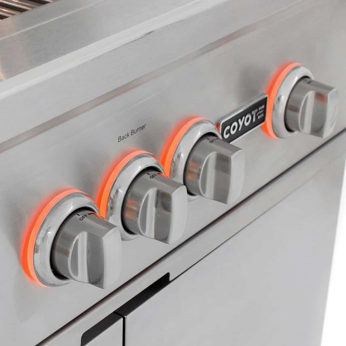 Coyote S-Series 36 Inch Built-In 4-Burner Grill with LED Lights and Rapidsear Infrared Burner Knobs Close-up