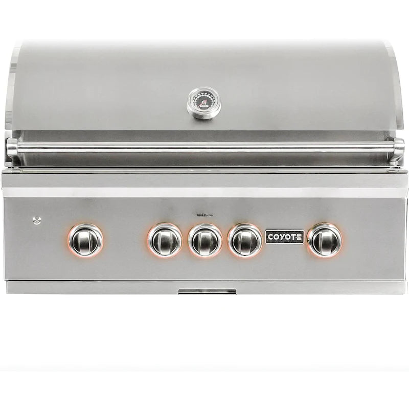 Coyote S-Series 36 Inch Built-In 4-Burner Grill with LED Lights and Rapidsear Infrared Burner Front Close Cover Hood